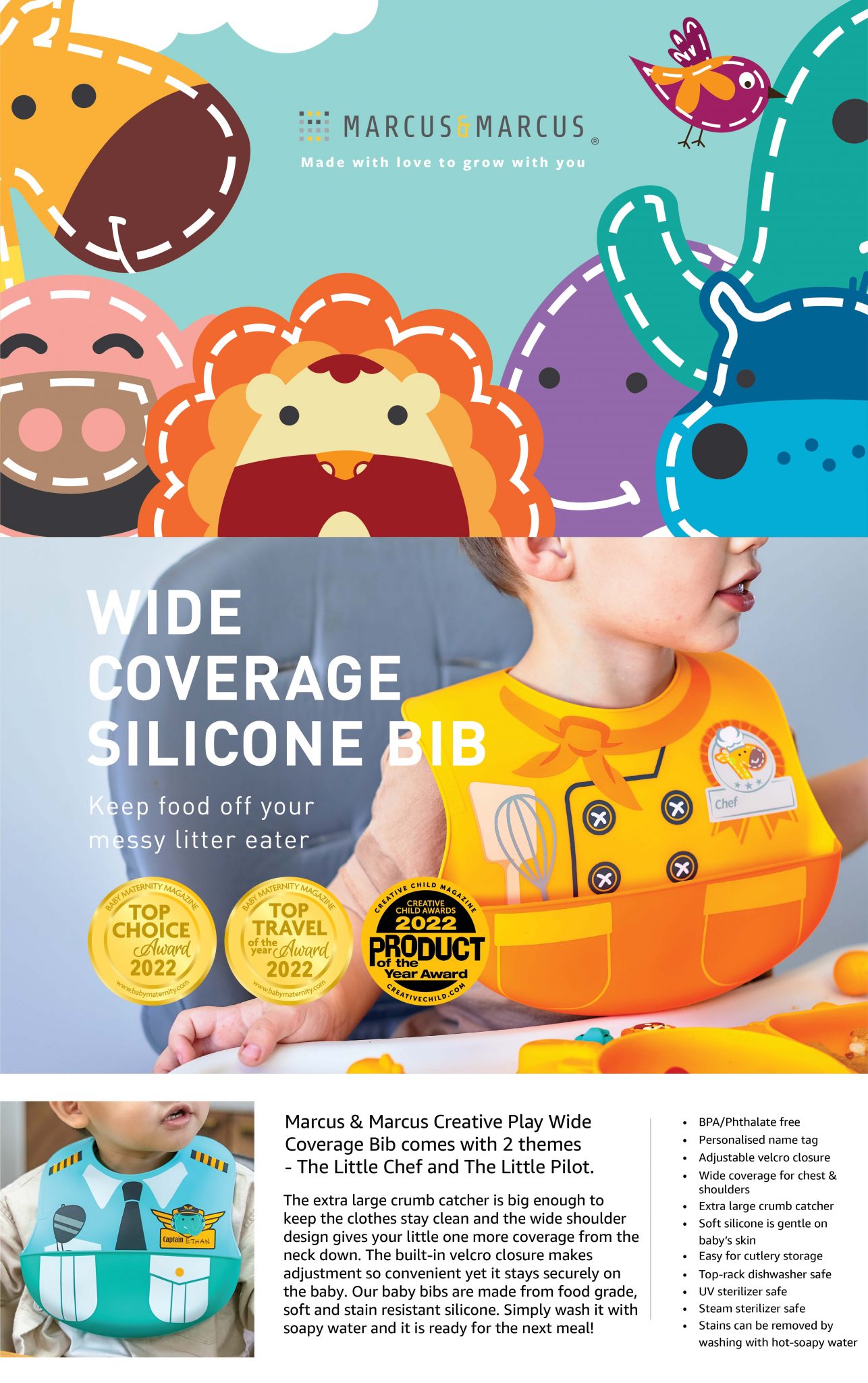 marcus and marcus creative play baby wide coverage silicone bib 宝宝超大吃饭围兜